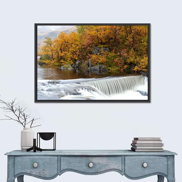 Waterfall In The Autumn Woods Canvas Wall Art-1 Piece-Floating Frame-24" x 16"-Tiaracle