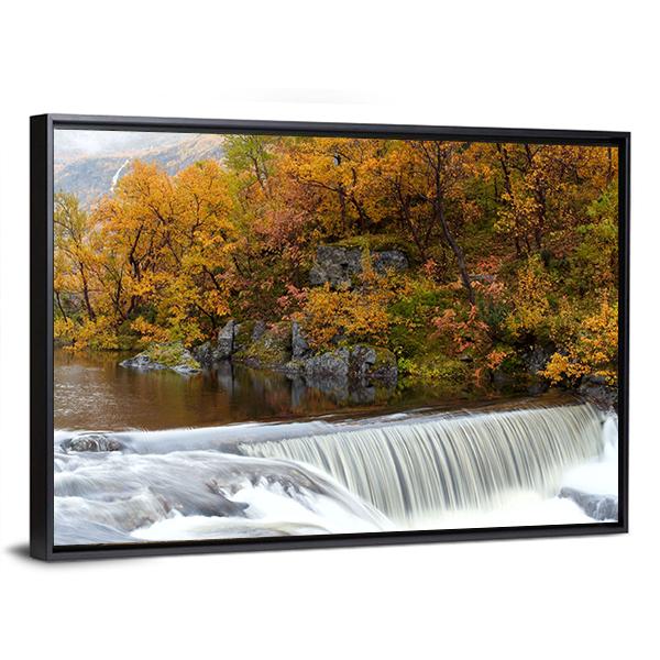 Waterfall In The Autumn Woods Canvas Wall Art-3 Horizontal-Gallery Wrap-25" x 16"-Tiaracle