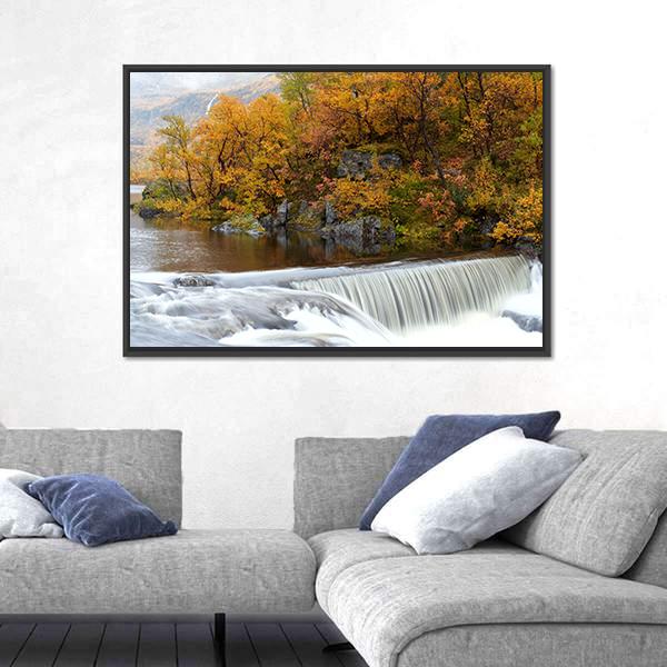 Waterfall In The Autumn Woods Canvas Wall Art-5 Horizontal-Gallery Wrap-22" x 12"-Tiaracle