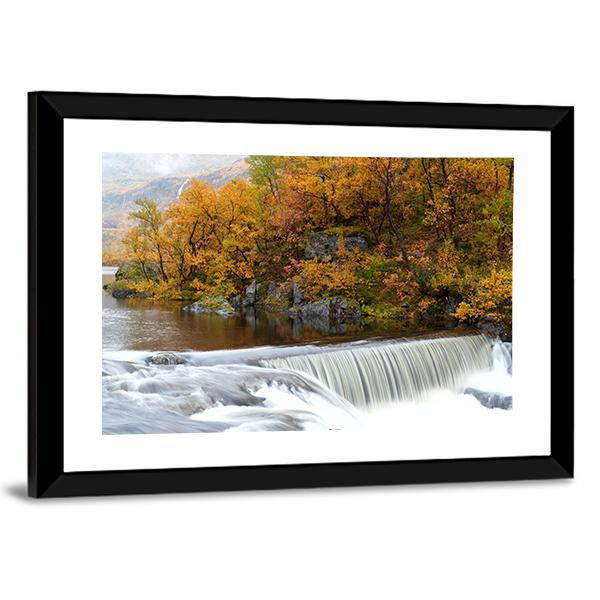 Waterfall In The Autumn Woods Canvas Wall Art-3 Horizontal-Gallery Wrap-25" x 16"-Tiaracle