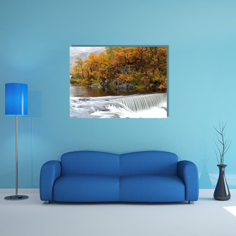 Waterfall In The Autumn Woods Canvas Wall Art-1 Piece-Gallery Wrap-48" x 32"-Tiaracle