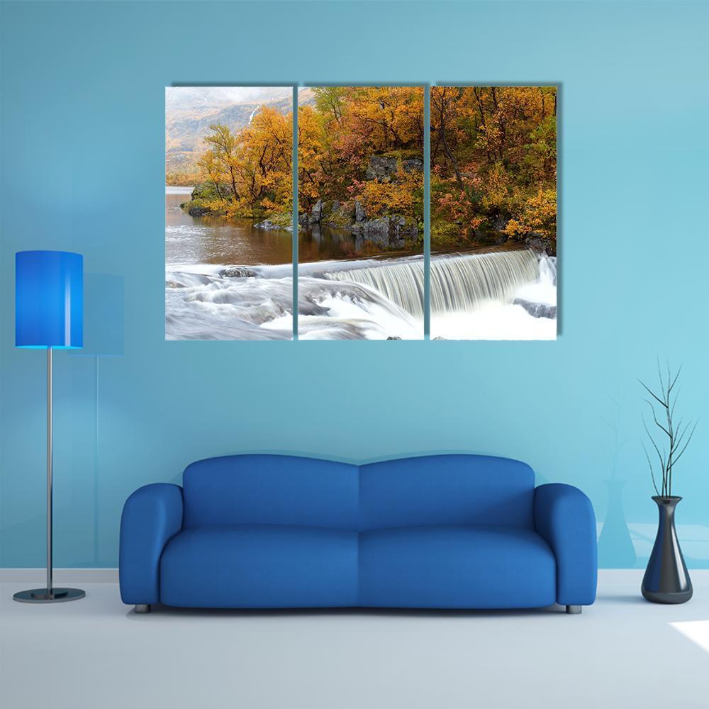 Waterfall In The Autumn Woods Canvas Wall Art-3 Horizontal-Gallery Wrap-37" x 24"-Tiaracle