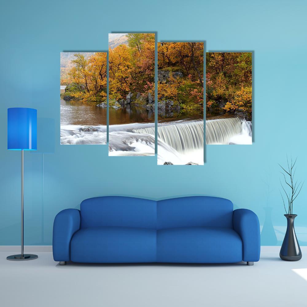 Waterfall In The Autumn Woods Canvas Wall Art-4 Pop-Gallery Wrap-50" x 32"-Tiaracle
