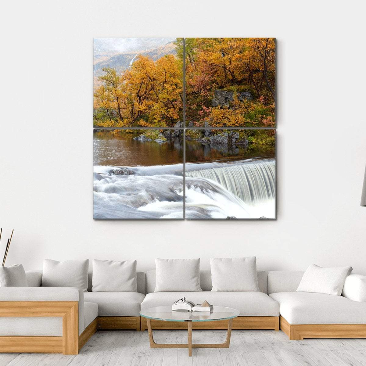 Waterfall In The Autumn Woods Canvas Wall Art-4 Square-Gallery Wrap-17" x 17"-Tiaracle