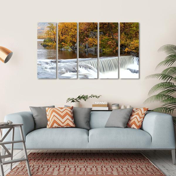 Waterfall In The Autumn Woods Canvas Wall Art-5 Horizontal-Gallery Wrap-22" x 12"-Tiaracle