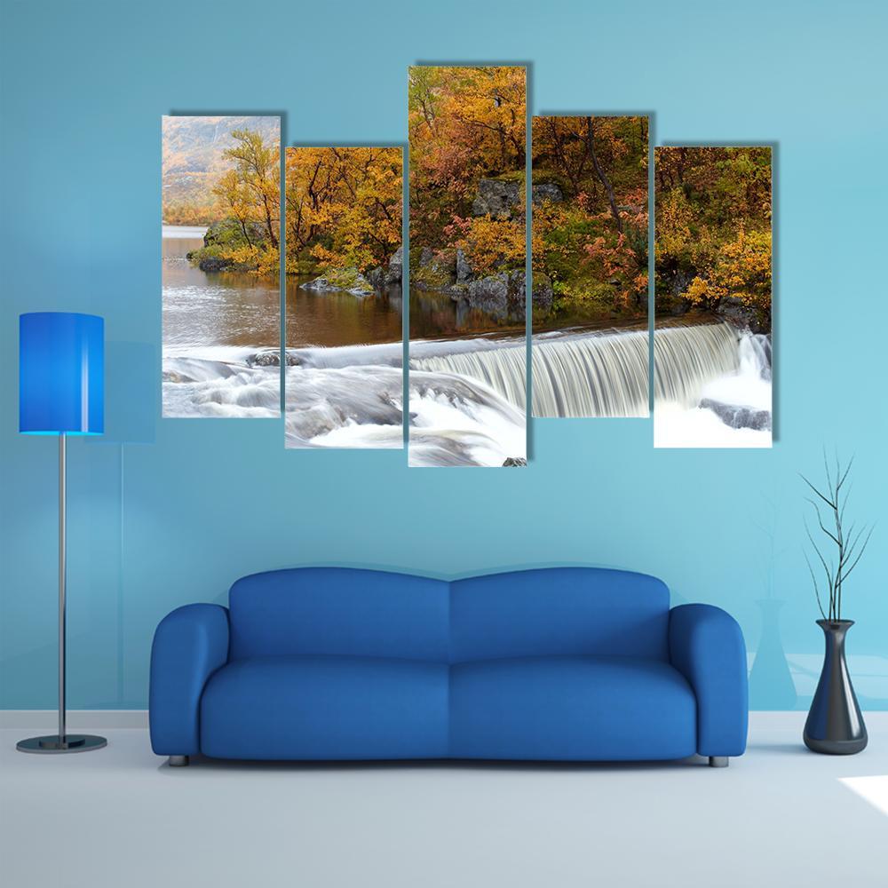 Waterfall In The Autumn Woods Canvas Wall Art-5 Pop-Gallery Wrap-47" x 32"-Tiaracle