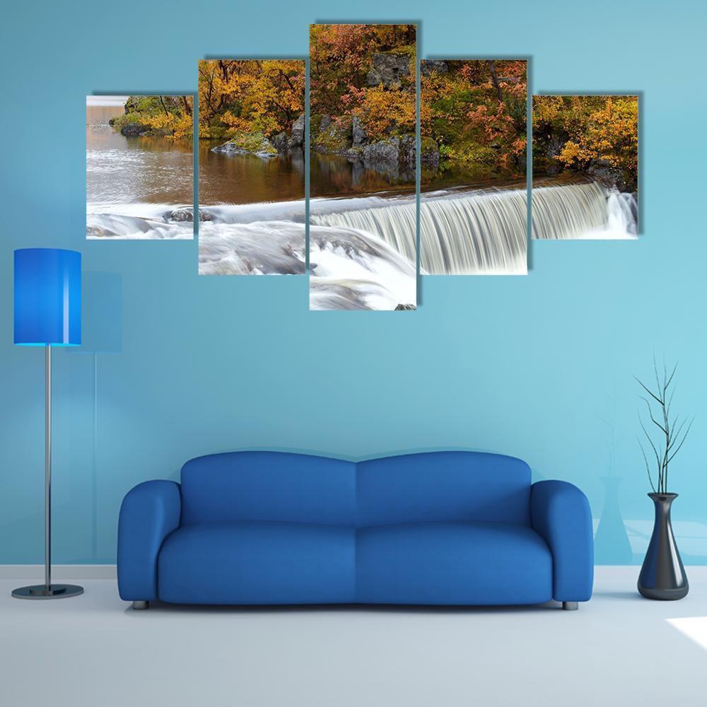 Waterfall In The Autumn Woods Canvas Wall Art-5 Star-Gallery Wrap-62" x 32"-Tiaracle