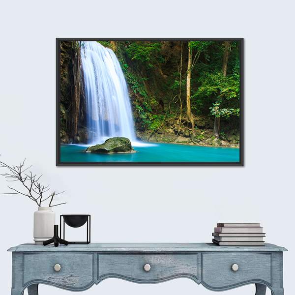 Waterfall In The Forest Canvas Wall Art-1 Piece-Floating Frame-24" x 16"-Tiaracle