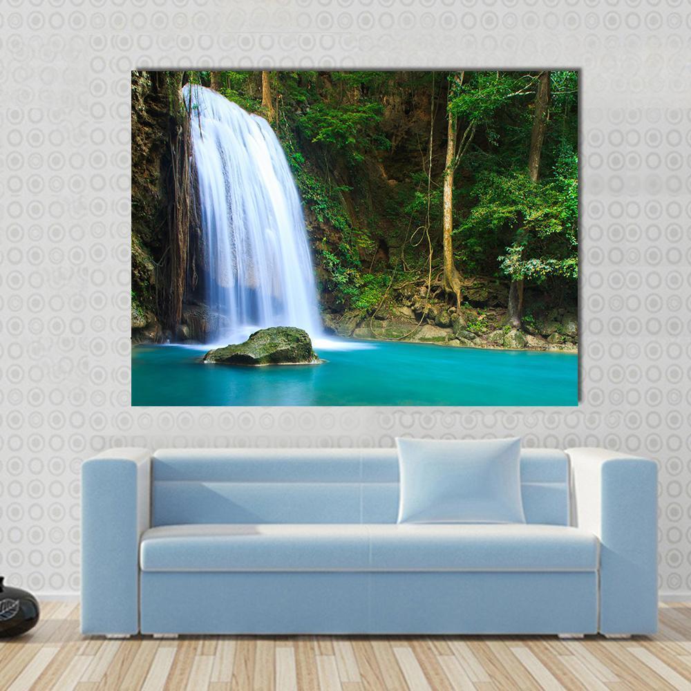 Waterfall In The Forest Canvas Wall Art-1 Piece-Gallery Wrap-48" x 32"-Tiaracle