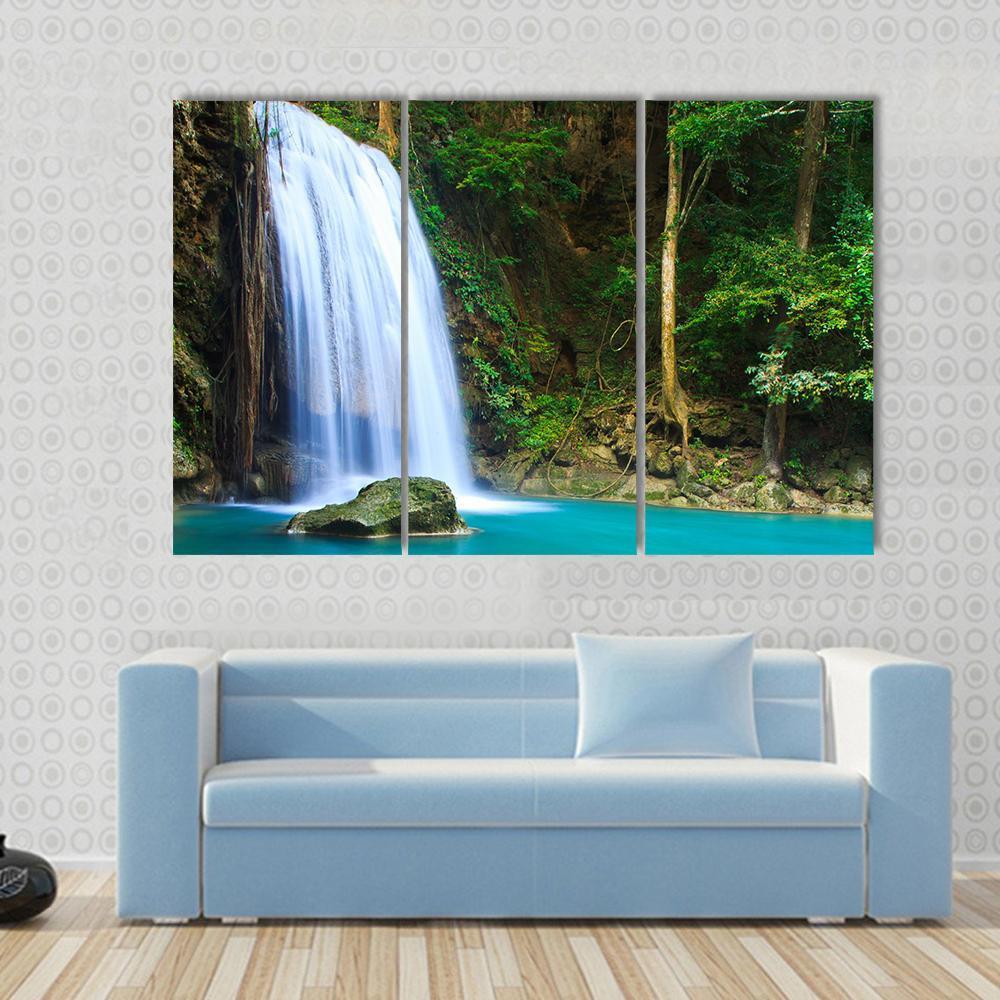 Waterfall In The Forest Canvas Wall Art-1 Piece-Gallery Wrap-48" x 32"-Tiaracle