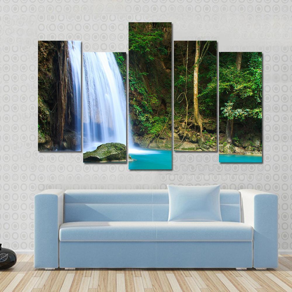 Waterfall In The Forest Canvas Wall Art-5 Pop-Gallery Wrap-47" x 32"-Tiaracle