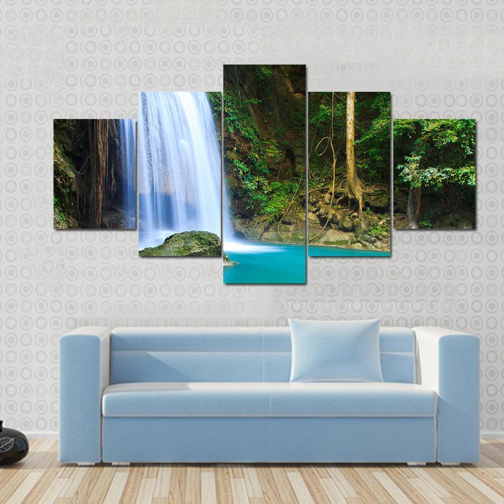 Waterfall In The Forest Canvas Wall Art-5 Star-Gallery Wrap-62" x 32"-Tiaracle