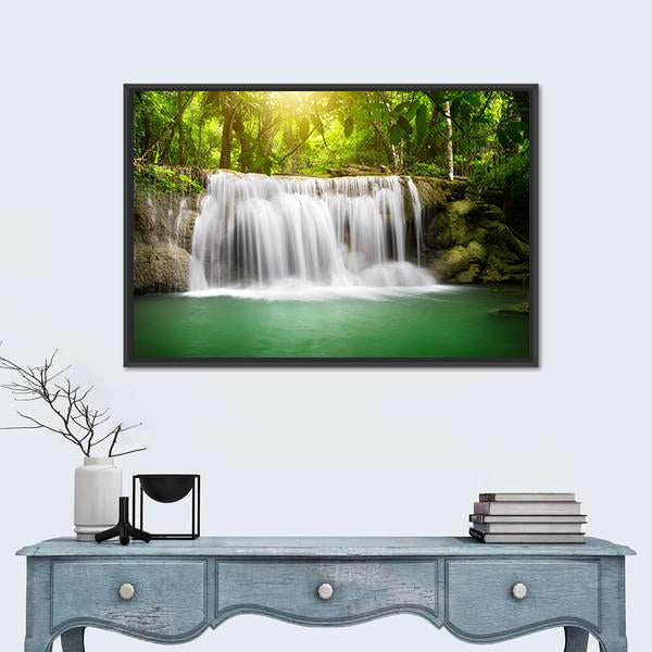 Waterfall In The Green Forest Canvas Wall Art-1 Piece-Floating Frame-24" x 16"-Tiaracle