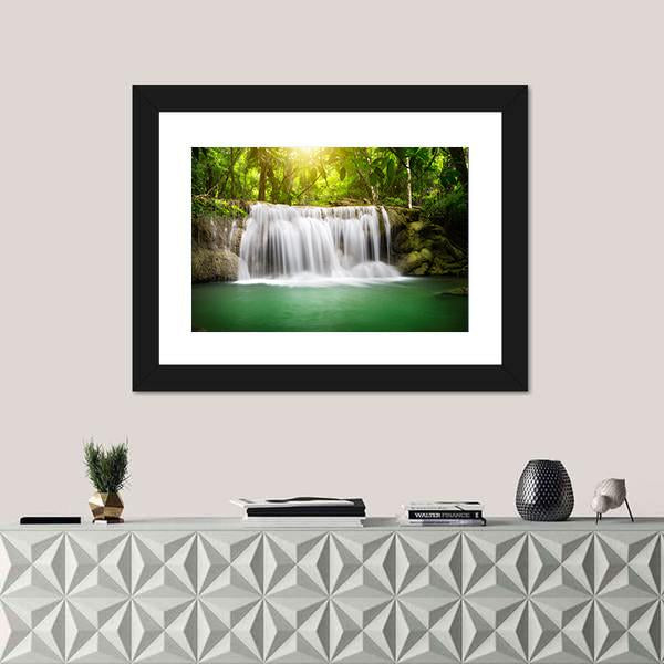 Waterfall In The Green Forest Canvas Wall Art-1 Piece-Framed Print-20" x 16"-Tiaracle