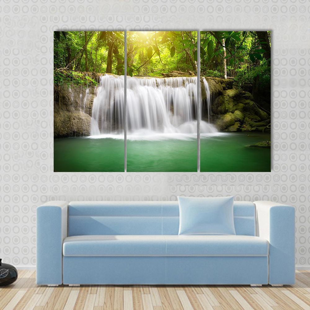 Waterfall In The Green Forest Canvas Wall Art-3 Horizontal-Gallery Wrap-37" x 24"-Tiaracle