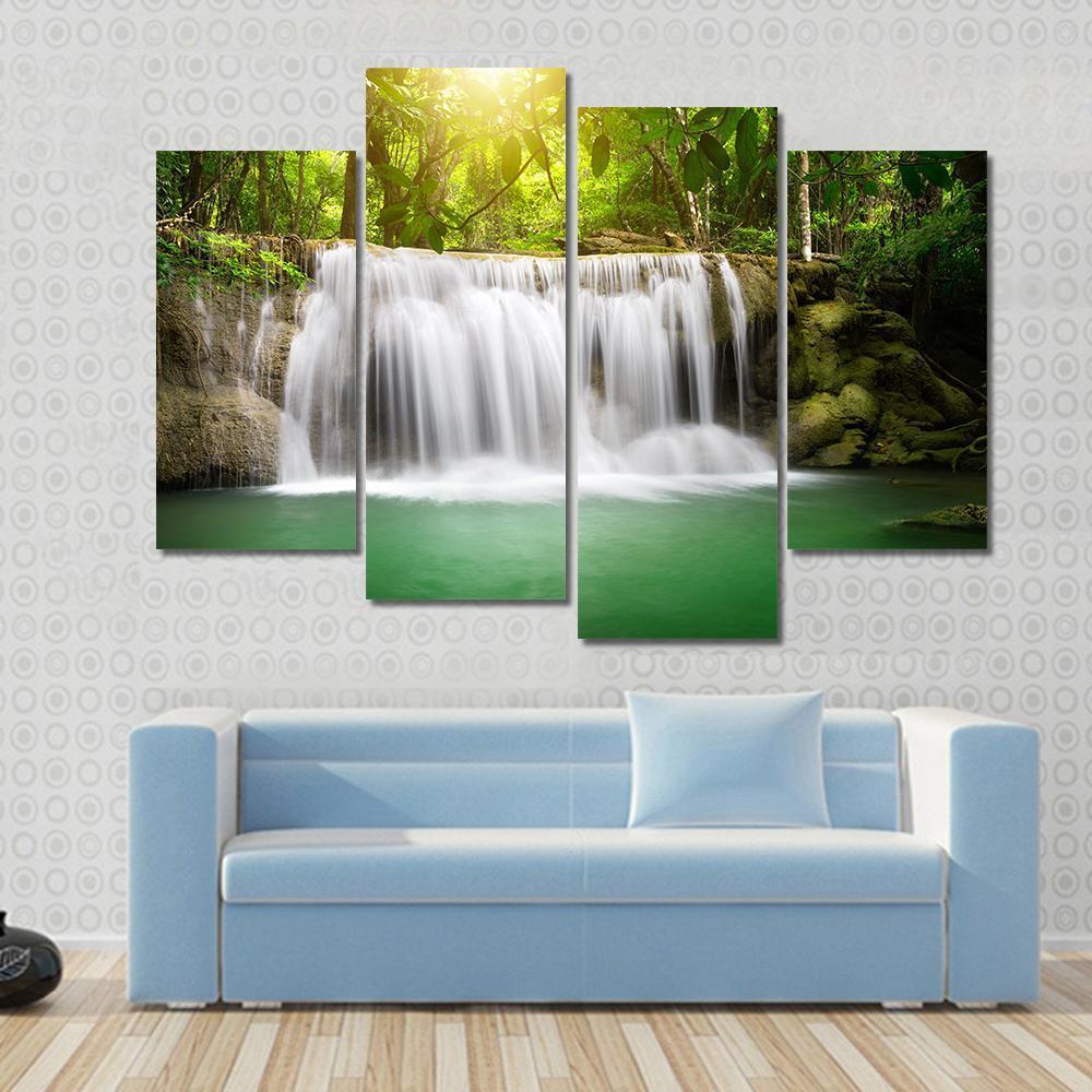 Waterfall In The Green Forest Canvas Wall Art-4 Pop-Gallery Wrap-50" x 32"-Tiaracle