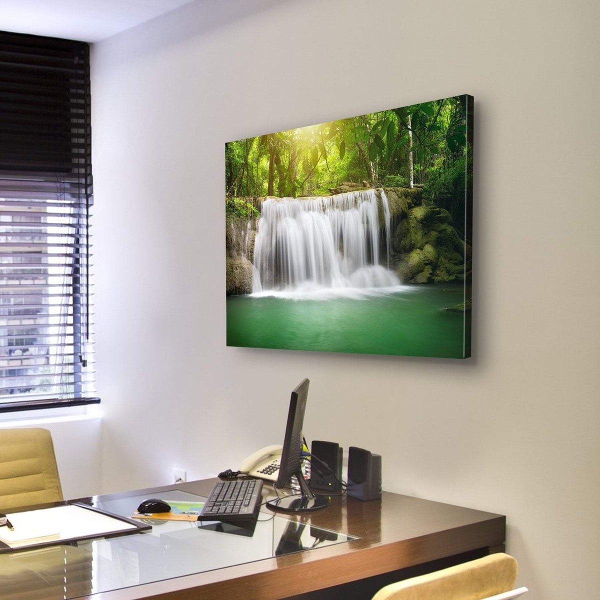 Waterfall In The Green Forest Canvas Wall Art-3 Horizontal-Gallery Wrap-25" x 16"-Tiaracle