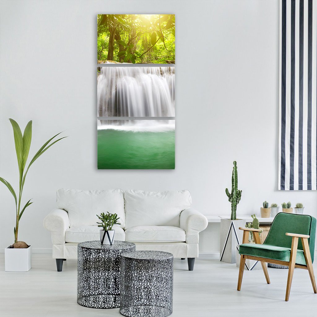 Waterfall In The Green Forest Vertical Canvas Wall Art-3 Vertical-Gallery Wrap-12" x 25"-Tiaracle