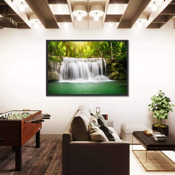 Waterfall In The Green Forest Vertical Canvas Wall Art-3 Vertical-Gallery Wrap-12" x 25"-Tiaracle