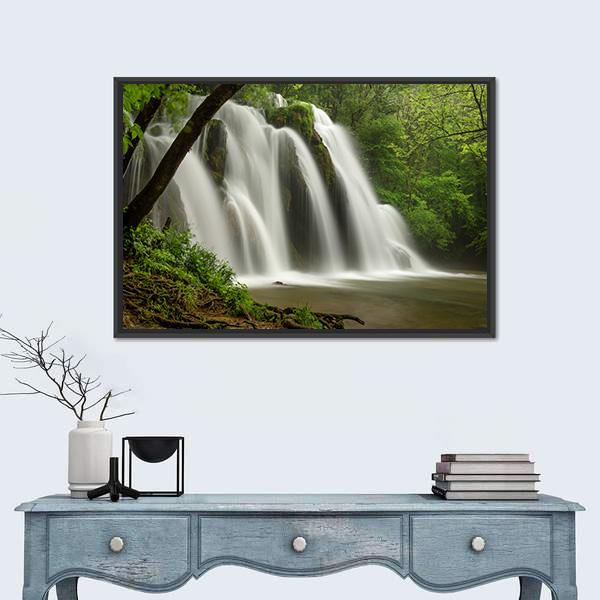 Waterfall In The Jura Mountains Canvas Wall Art-1 Piece-Floating Frame-24" x 16"-Tiaracle