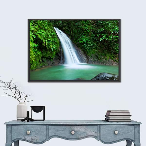 Waterfall In The National Park Of Guadeloupe Canvas Wall Art-1 Piece-Floating Frame-24" x 16"-Tiaracle