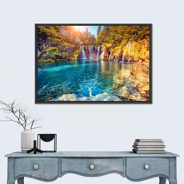 Waterfall In The Plitvice Lakes National Park Croatia Canvas Wall Art-1 Piece-Floating Frame-24" x 16"-Tiaracle