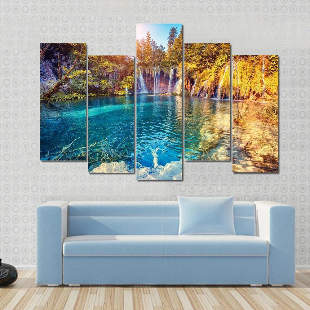 Waterfall In The Plitvice Lakes National Park Croatia Canvas Wall Art-5 Pop-Gallery Wrap-47" x 32"-Tiaracle