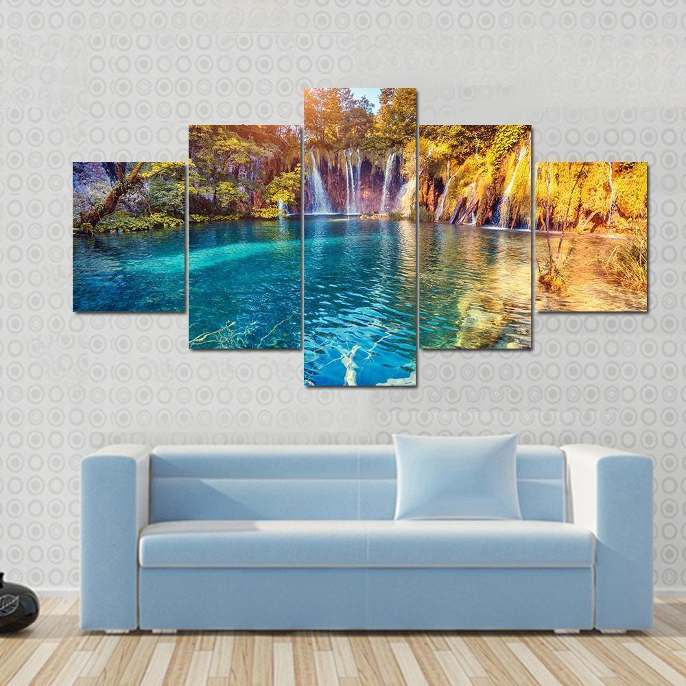 Waterfall In The Plitvice Lakes National Park Croatia Canvas Wall Art-5 Star-Gallery Wrap-62" x 32"-Tiaracle