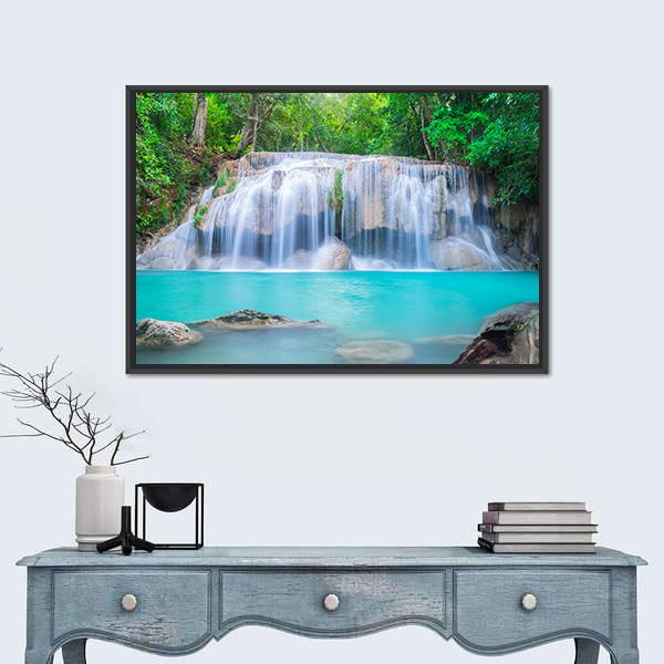 Waterfall In Tropical Forest Canvas Wall Art-1 Piece-Floating Frame-24" x 16"-Tiaracle