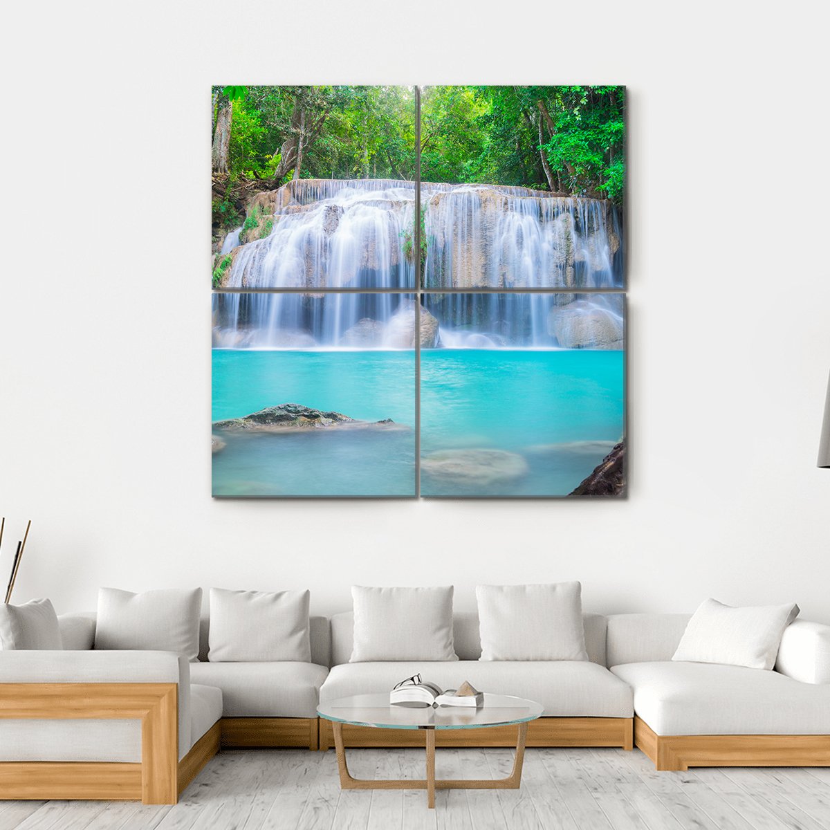 Waterfall In Tropical Forest Canvas Wall Art-4 Square-Gallery Wrap-17" x 17"-Tiaracle