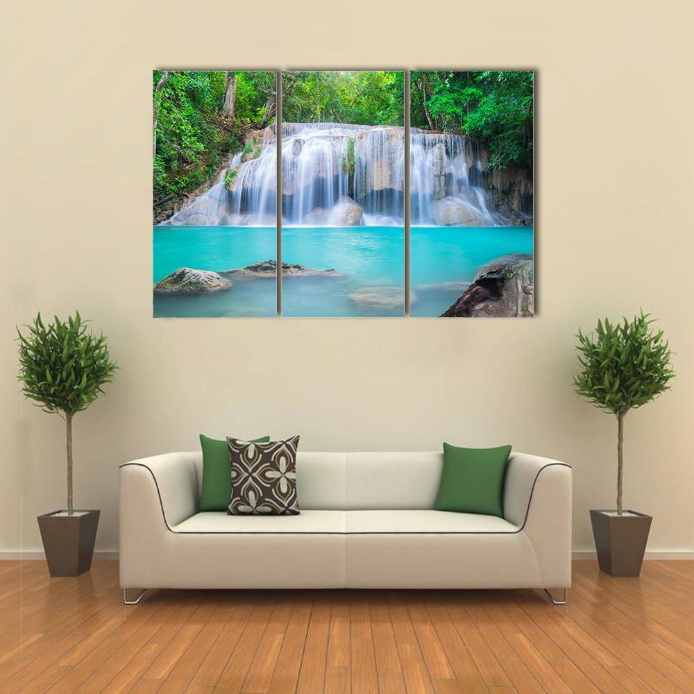 Waterfall In Tropical Forest Canvas Wall Art-3 Horizontal-Gallery Wrap-37" x 24"-Tiaracle