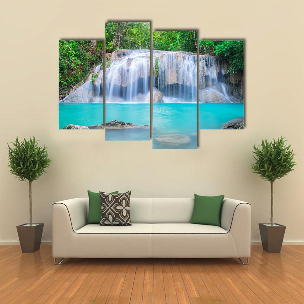 Waterfall In Tropical Forest Canvas Wall Art-4 Pop-Gallery Wrap-50" x 32"-Tiaracle