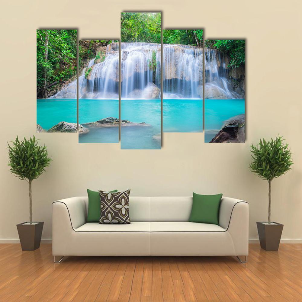 Waterfall In Tropical Forest Canvas Wall Art-5 Pop-Gallery Wrap-47" x 32"-Tiaracle
