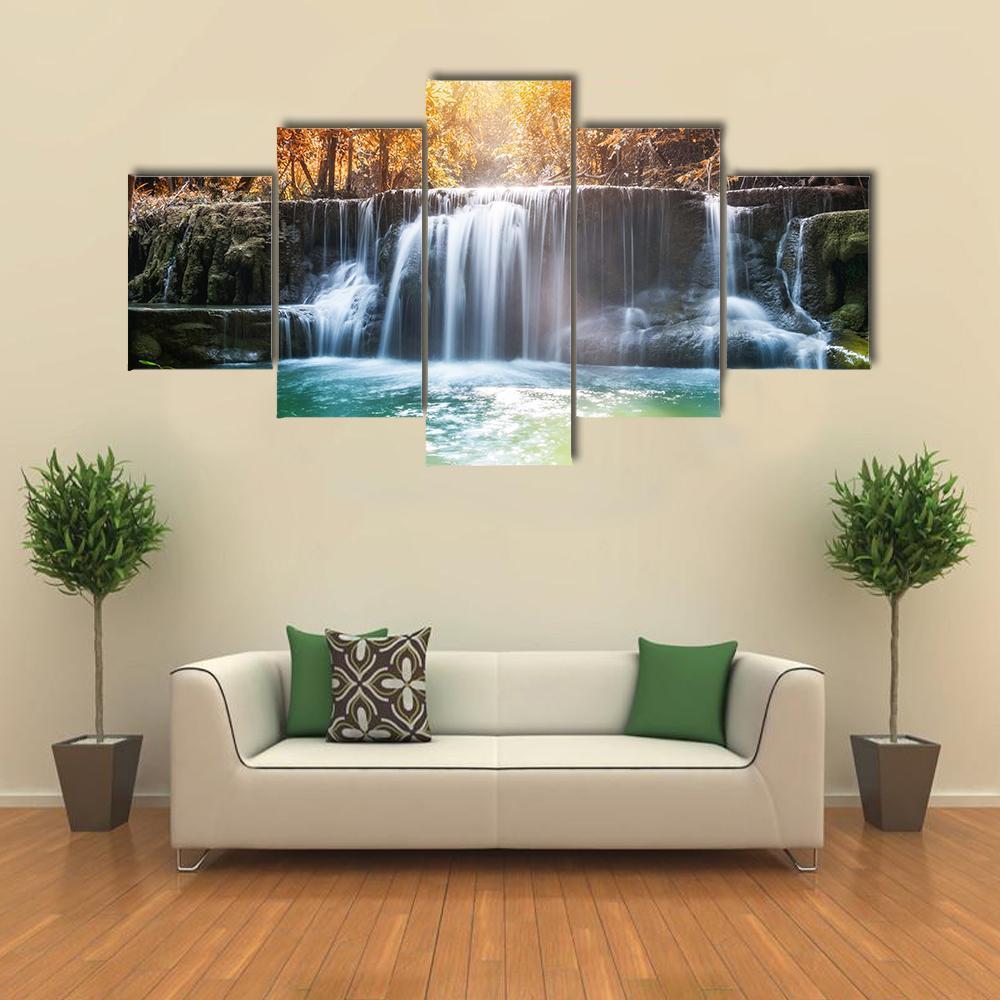 Waterfall In Tropical Rain Forest Canvas Wall Art-3 Horizontal-Gallery Wrap-37" x 24"-Tiaracle