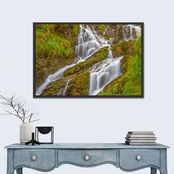 Waterfall In Val D Aosta In Italy Canvas Wall Art-1 Piece-Floating Frame-24" x 16"-Tiaracle