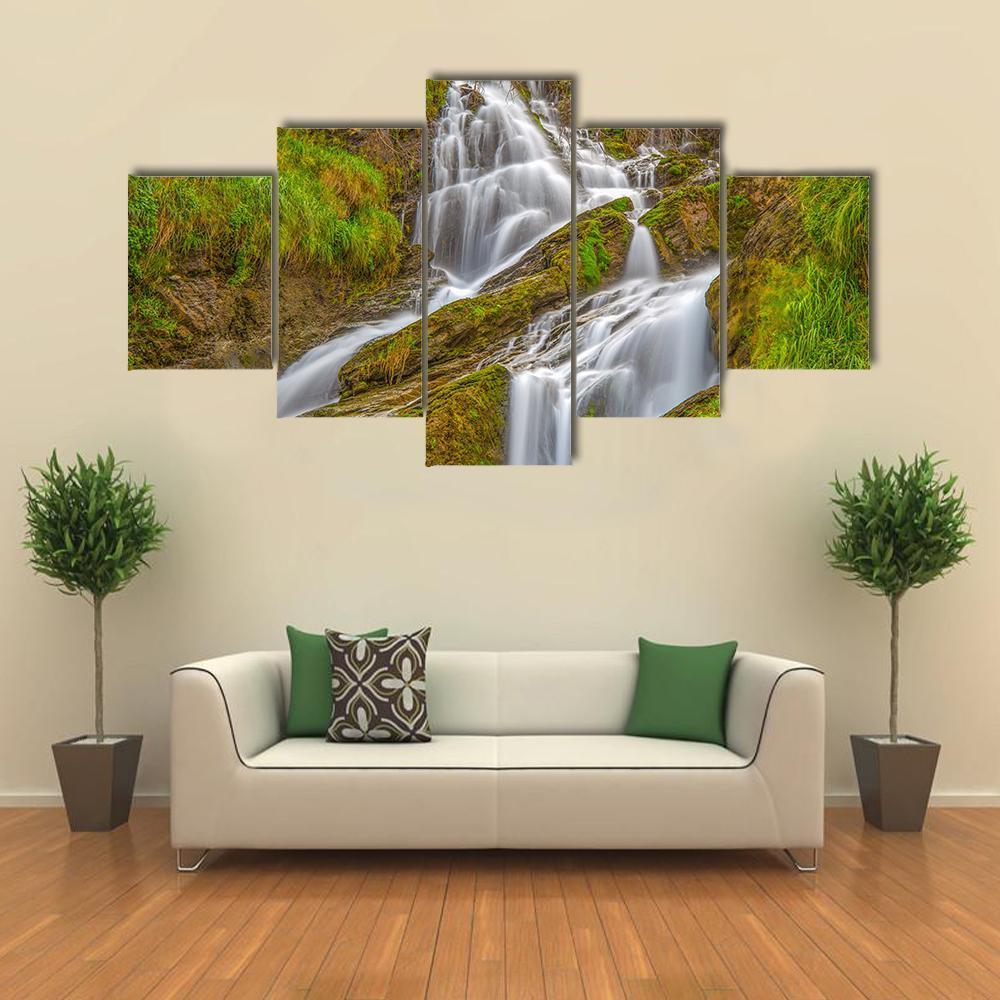 Waterfall In Val D Aosta In Italy Canvas Wall Art-5 Star-Gallery Wrap-62" x 32"-Tiaracle