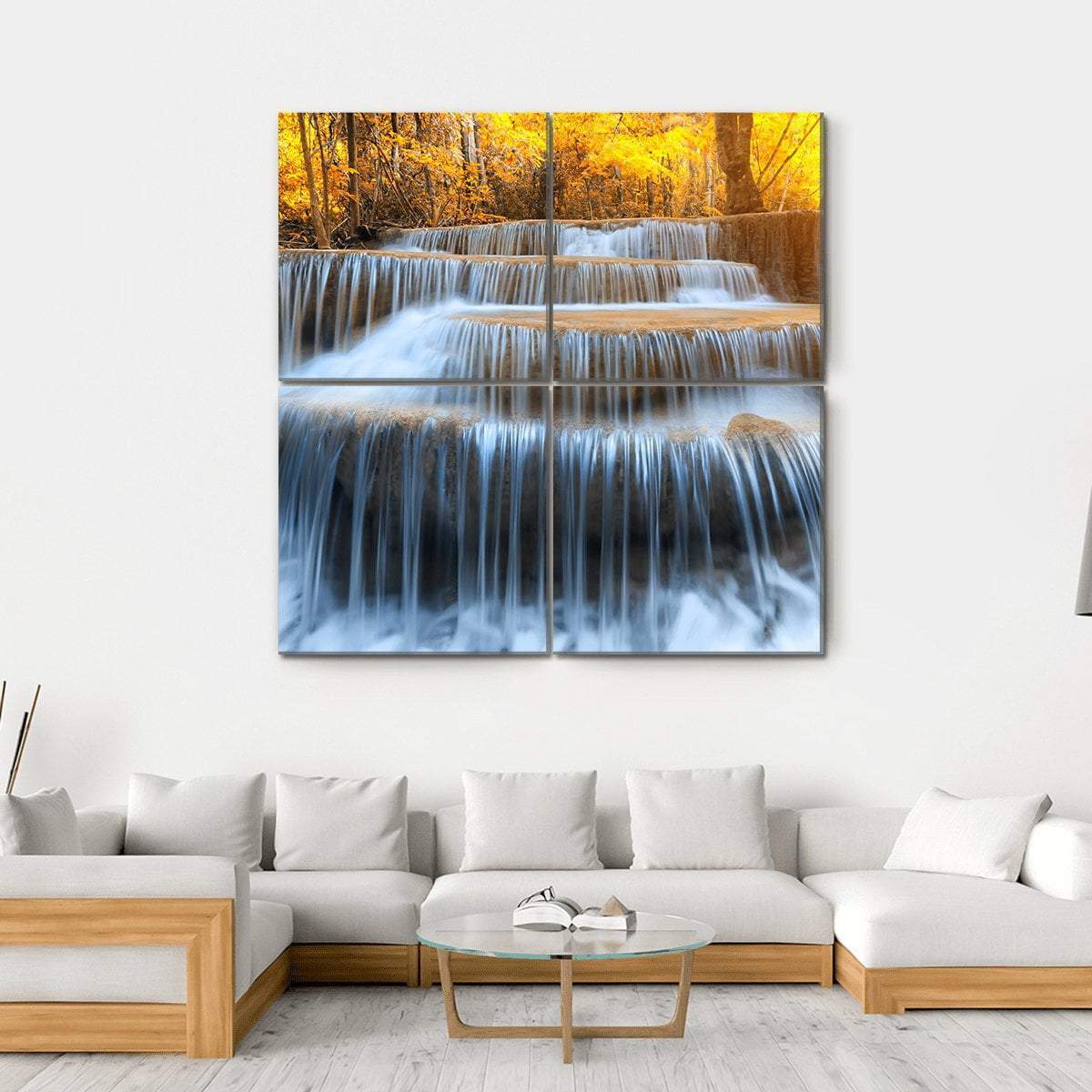 Waterfall In Yellow Forest Canvas Wall Art-4 Square-Gallery Wrap-17" x 17"-Tiaracle