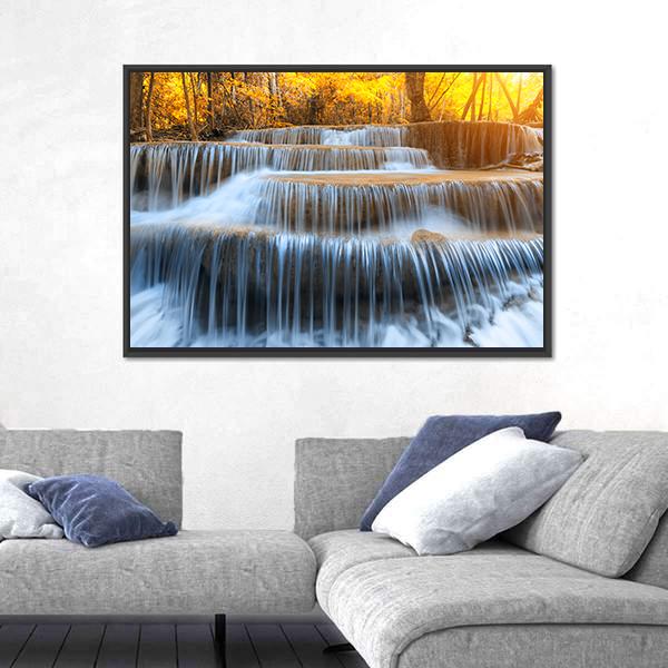 Waterfall In Yellow Forest Panoramic Canvas Wall Art-1 Piece-36" x 12"-Tiaracle
