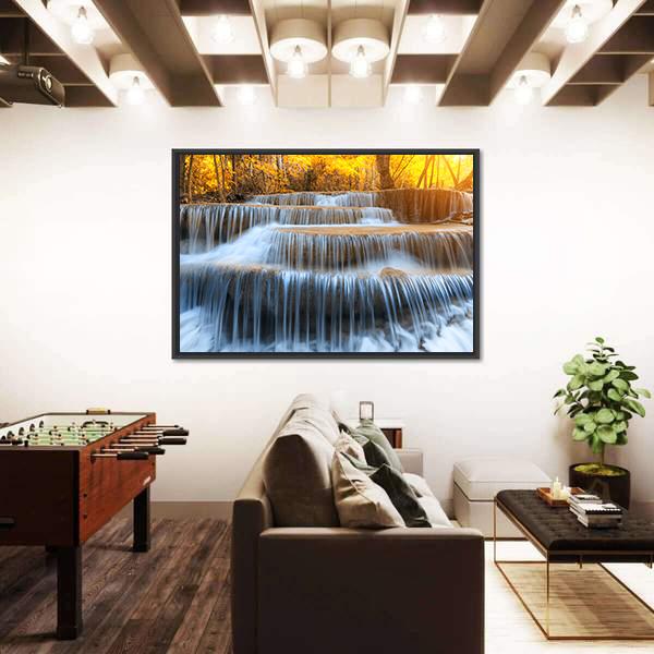 Waterfall In Yellow Forest Panoramic Canvas Wall Art-1 Piece-36" x 12"-Tiaracle
