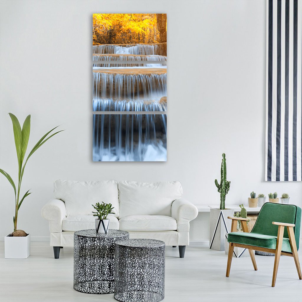 Waterfall In Yellow Forest Vertical Canvas Wall Art-3 Vertical-Gallery Wrap-12" x 25"-Tiaracle
