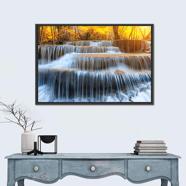 Waterfall In Yellow Forest Vertical Canvas Wall Art-3 Vertical-Gallery Wrap-12" x 25"-Tiaracle