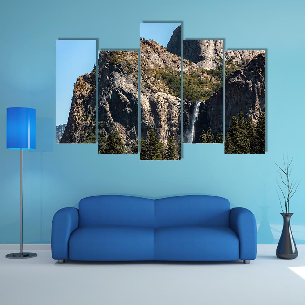 Waterfall In Yosemite On A Summer's Day Canvas Wall Art-5 Pop-Gallery Wrap-47" x 32"-Tiaracle