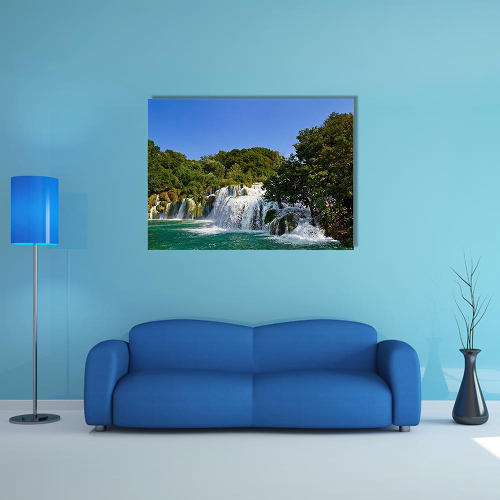 Krka Waterfall in Croatia Canvas Wall Art in white, green and blue, single panel hung on a wall