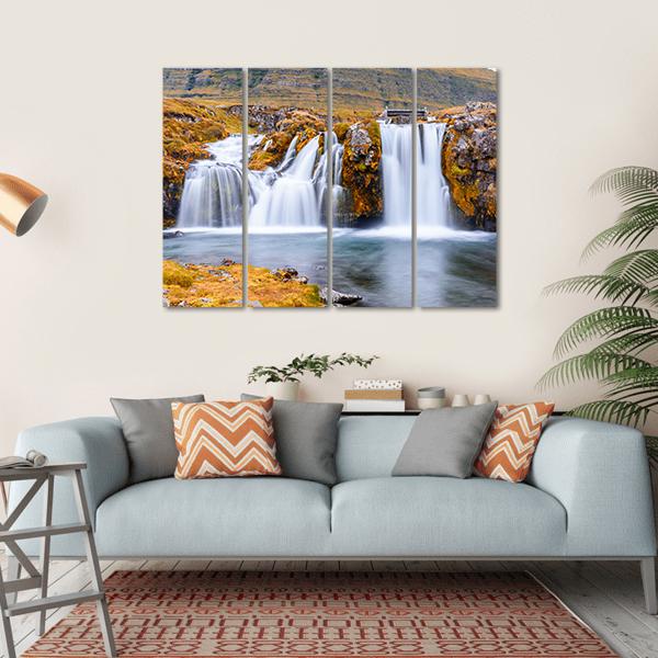 Waterfall Landscape At Kirkjufell Mountain Canvas Wall Art-4 Horizontal-Gallery Wrap-34" x 24"-Tiaracle