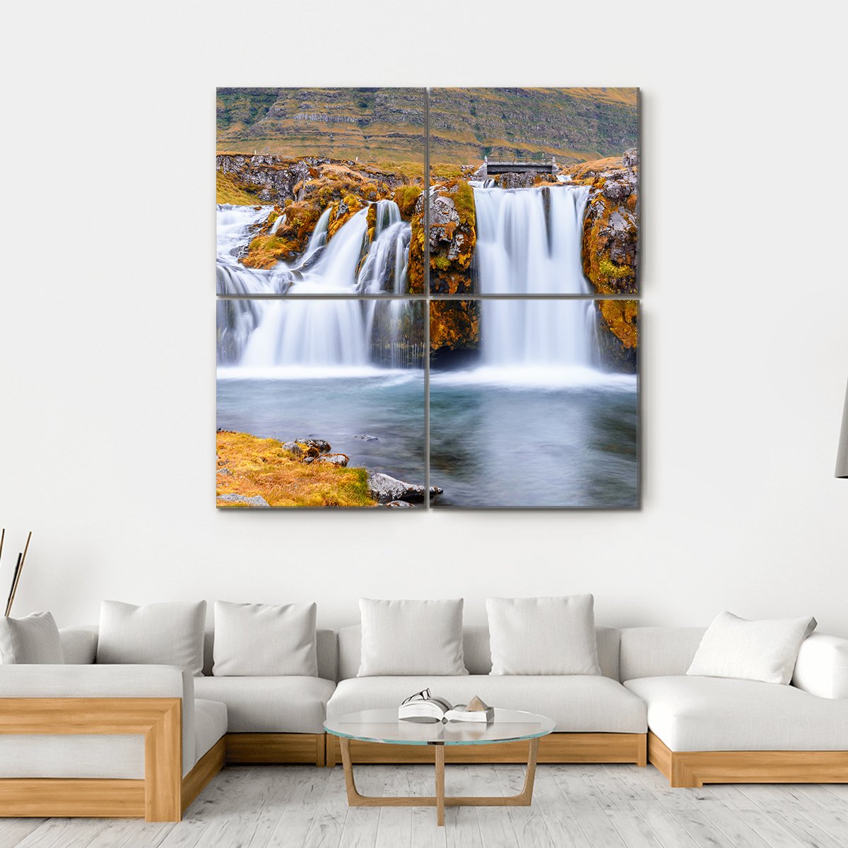 Waterfall Landscape At Kirkjufell Mountain Canvas Wall Art-4 Square-Gallery Wrap-17" x 17"-Tiaracle