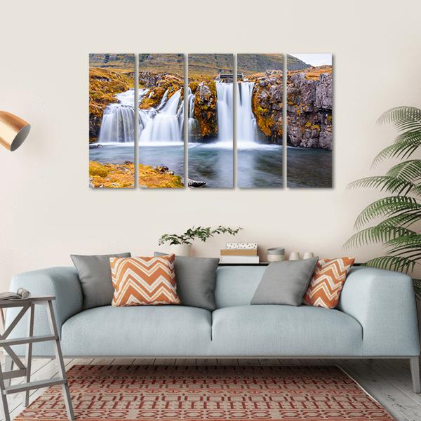 Waterfall Landscape At Kirkjufell Mountain Canvas Wall Art-5 Horizontal-Gallery Wrap-22" x 12"-Tiaracle
