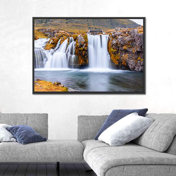 Waterfall Landscape At Kirkjufell Mountain Panoramic Canvas Wall Art-1 Piece-36" x 12"-Tiaracle