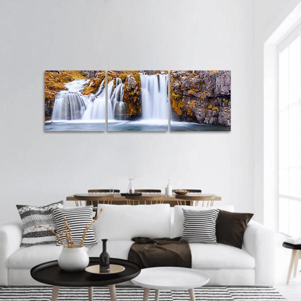 Waterfall Landscape At Kirkjufell Mountain Panoramic Canvas Wall Art-3 Piece-25" x 08"-Tiaracle