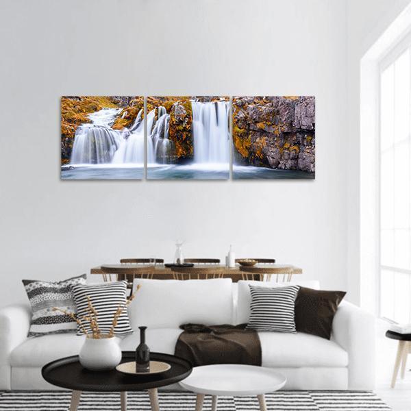 Waterfall Landscape At Kirkjufell Mountain Panoramic Canvas Wall Art-1 Piece-36" x 12"-Tiaracle