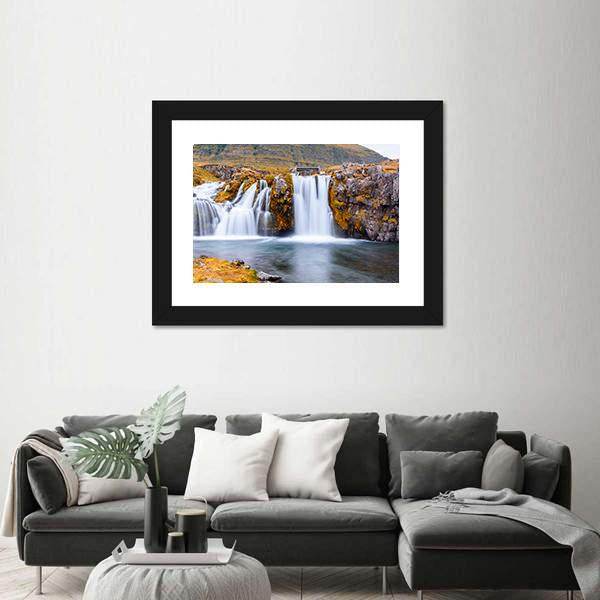 Waterfall Landscape At Kirkjufell Mountain Panoramic Canvas Wall Art-1 Piece-36" x 12"-Tiaracle